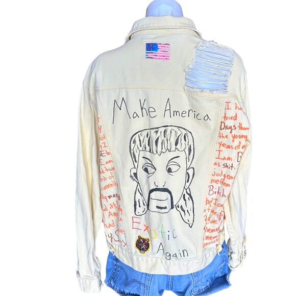 Tiger King Jean Jacket LARGE Trucker Upcycled Joe Exotic Quotes Tigers Ironic - Picture 1 of 6